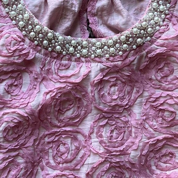 Voy Pink Blouse Wmn SM Beaded Collar Rose Pattern Balloon Sleeve Spring Dainty - Picture 3 of 5